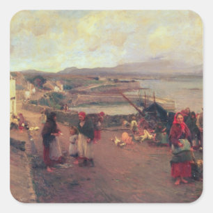 Sticker Carré A Connemara Village - The Way to The Harbour, 1898