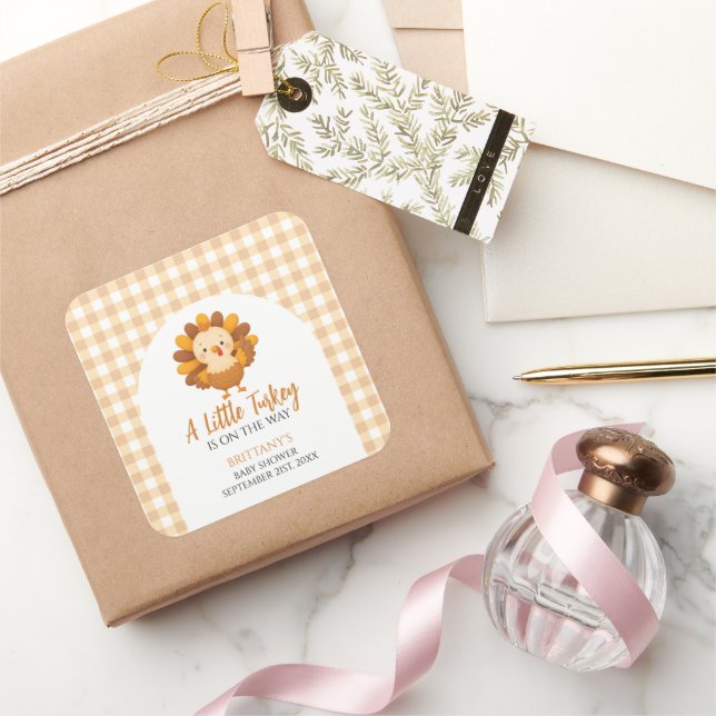 Sticker Carré A Little Turkey Baby Shower Thanksgiving (Cadeaux)