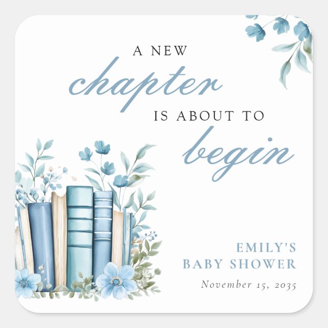 Sticker Carré A New Chapter Blue Baby Shower (Devant)