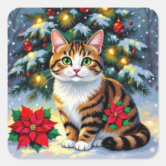 Sticker Carré A Sweet Kitty Cat in the Snow Festive Christmas (Devant)