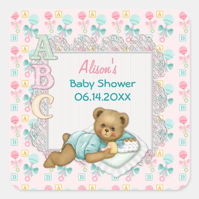 Sticker Carré ABC Teddy Pink et Aqua Baby shower (Devant)