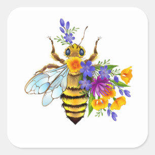 Sticker Carré Abeille à fleurs avec plantes sauvages