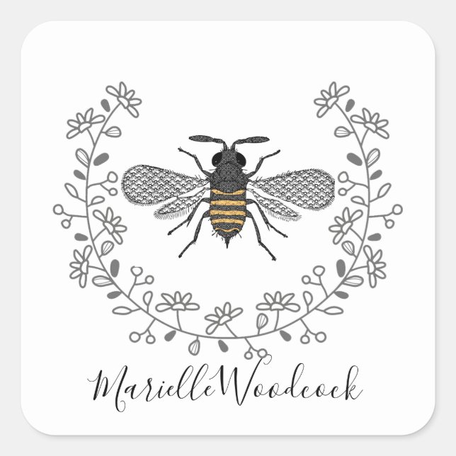 Sticker Carré Abeille de miel avec logo Crown Laurel (Devant)