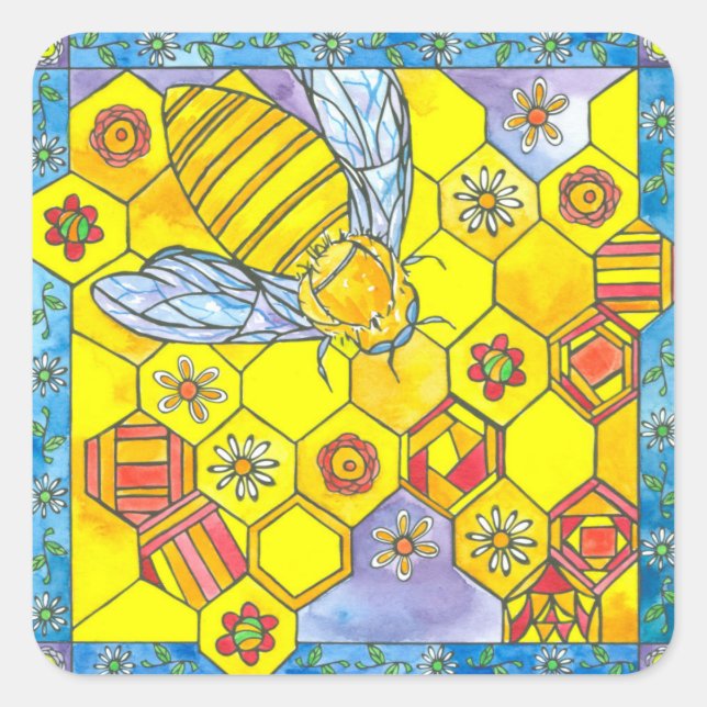 Sticker Carré Abeille de miel Grille Aquarelle jaune Fleurs d'aq (Devant)