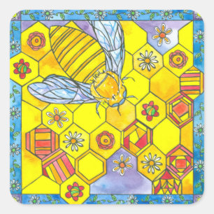 Sticker Carré Abeille de miel Grille Aquarelle jaune Fleurs d'aq