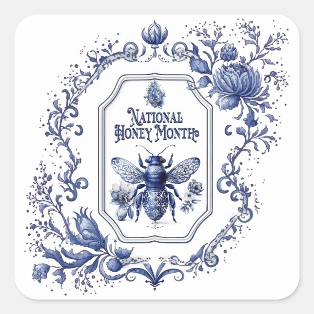 Sticker Carré Abeille et fleurs de miel bleu Delft (Devant)