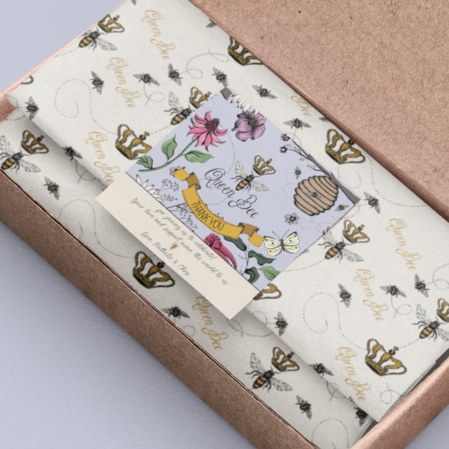 Sticker Carré Abeille mauve et noire et Merci de la Couronne (Beautiful "Thank You" Sticker for any occasion where a "Queen Bee" is being celebrated. Very Chic!)