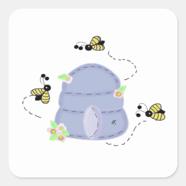 Sticker Carré abeilles et ruche bleue (Devant)