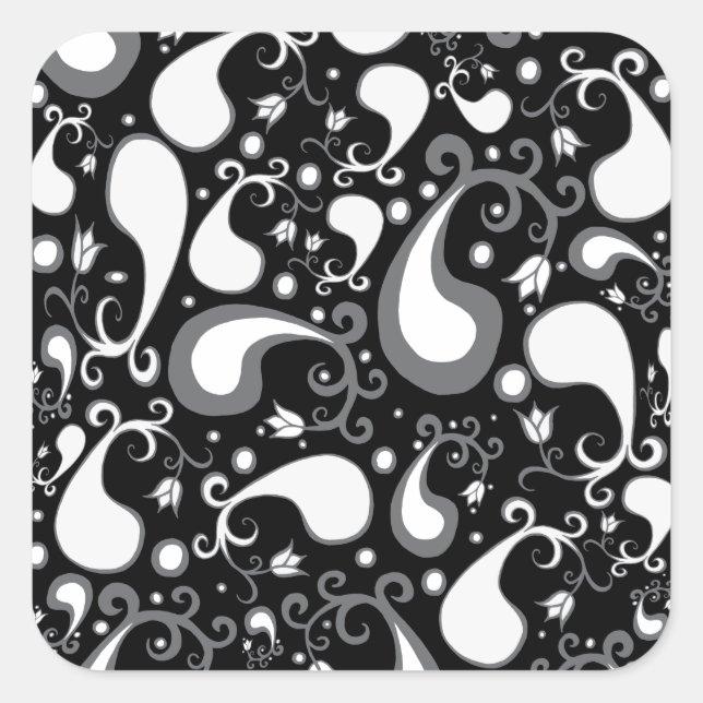Sticker Carré Abstrait noir et blanc Tulip Paisley Floral (Devant)