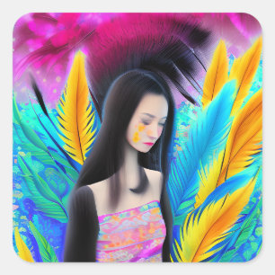 Sticker Carré Abstraite belle mais triste fille asiatique coloré