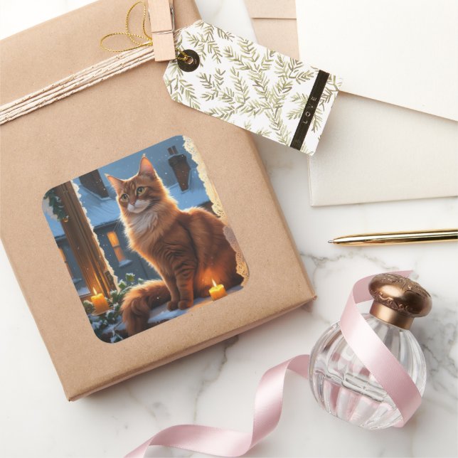 Sticker Carré Abyssinian Cat With Christmas Lights Holiday (Cadeaux)