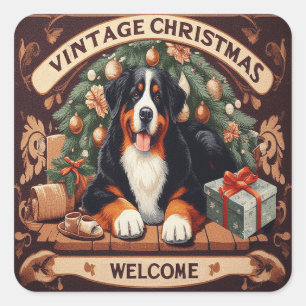 Sticker Carré Accueil Vintage Noël Bernese Mountain Dog