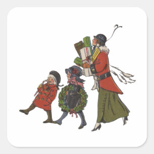 Sticker Carré Achats de Noël vintage en famille, plaisir garanti