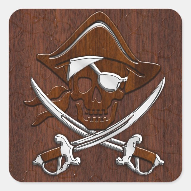 Sticker Carré Acier de crâne de pirate en acajou marin humide (Devant)