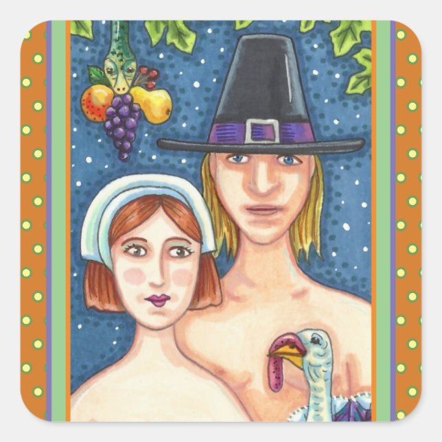 STICKER CARRÉ ADAM & EVE PILGRIMS, BIBLICAL WHIMSY MERCI (Devant)