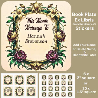 Sticker Carré Add Name, Book Belongs To Elegant Art Nouveau