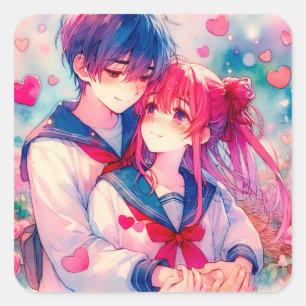 Sticker Carré Adorable Anime Boy and Girl Red Hearts