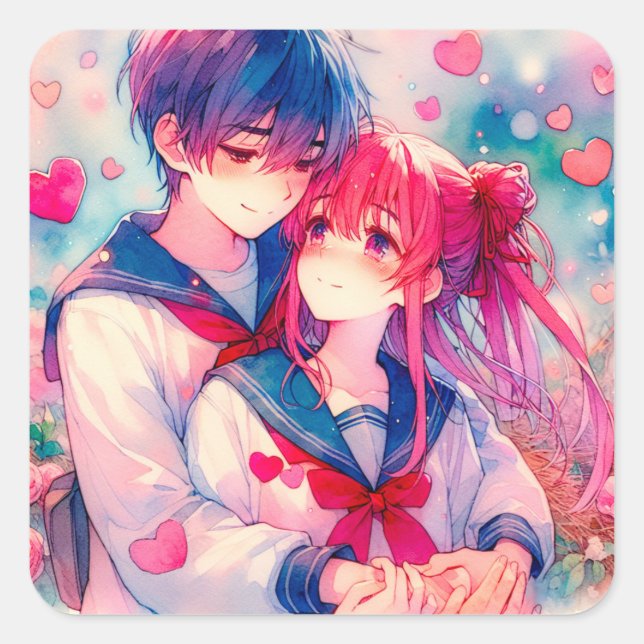 Sticker Carré Adorable Anime Boy and Girl Red Hearts (Devant)