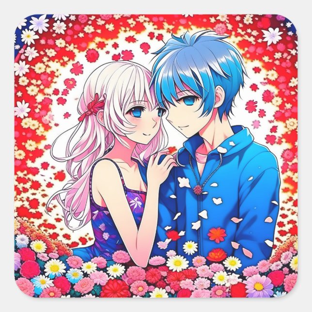 Sticker Carré Adorable Anime Couple Romantique (Devant)