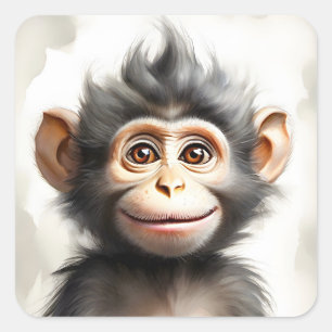Sticker Carré Adorable Baby Monkey Happy Smiling Portrait