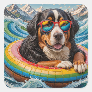 Sticker Carré Adorable Bernese Mountain Dog aime Voyage en flott