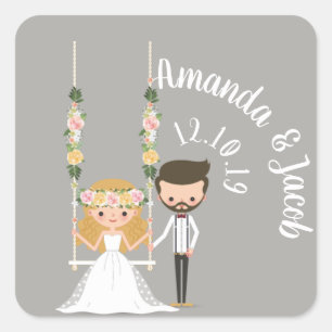 Sticker Carré Adorable Boho Hipster Mariage Couple