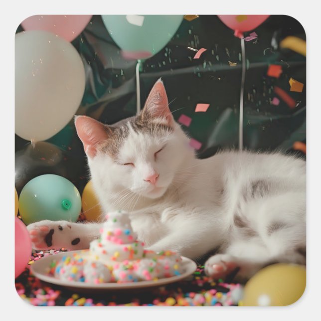 Sticker Carré Adorable Chat Anniversaire Design de fête (Devant)