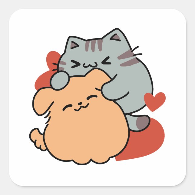 Sticker Carré Adorable chat et chien Hug - Meow & Woof Design (Devant)