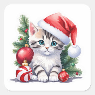 Sticker Carré 🎄 adorable chaton sous arbre de Noël avec boules