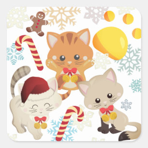 Sticker Carré adorable chatons de Noël
