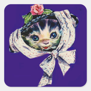 Sticker Carré adorable chatte kitten dans un casquette chaton ki