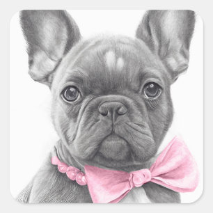 Sticker Carré Adorable chiot français bulldog avec un arc rose