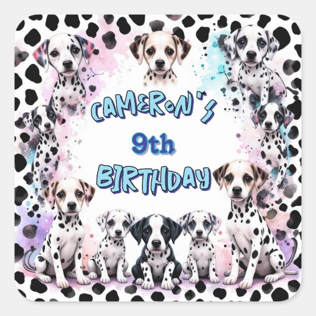 Sticker Carré Adorable Dalmatie Chiot Aquarelle Anniversaire (Devant)