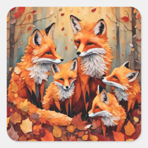 Sticker Carré Adorable famille Renard Rouge en automne