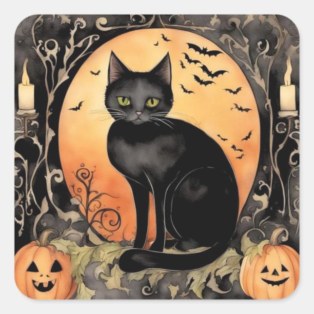 Sticker Carré Adorable Halloween Chat noir aquarelle (Devant)