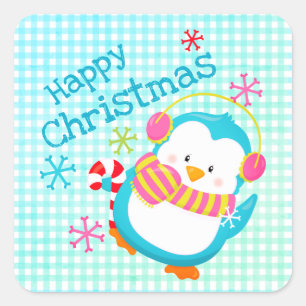 Sticker Carré Adorable Happy Penguin coloré moderne Noël F