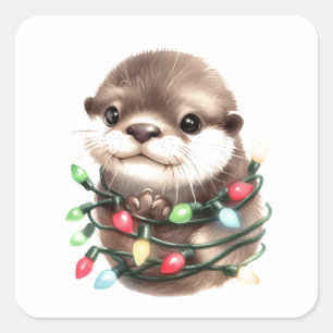 Sticker Carré adorable Otter de Noël
