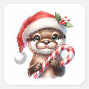 Sticker Carré Adorable Otter de Noël à Santa Hat avec bonbon