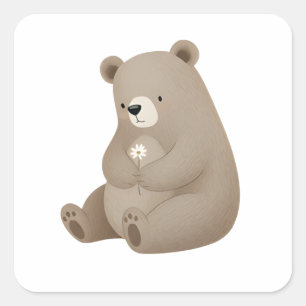 Sticker Carré Adorable Ours Brun à la Marguerite – Illustration 