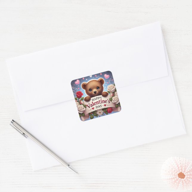 Sticker Carré Adorable ours en peluche avec Roses (Enveloppe)