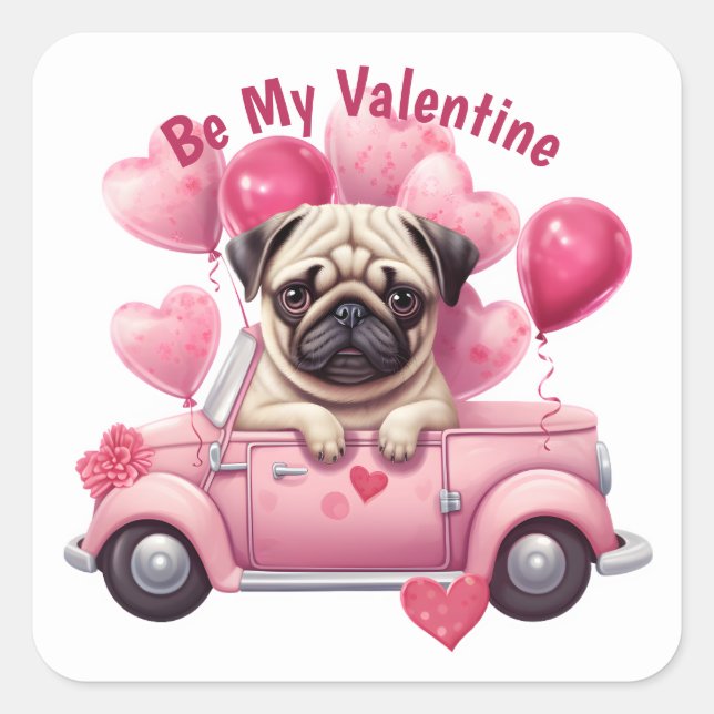 Sticker Carré Adorable rose Coeur Carlin de ballon Voiture Valen (Devant)