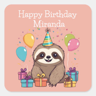 Sticker Carré Adorable Sloth Joyeux Anniversaire Personnalisé ro
