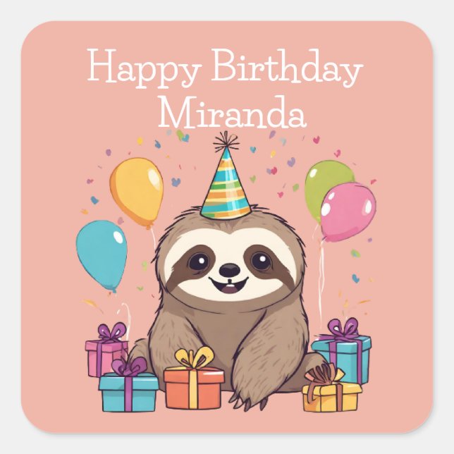 Sticker Carré Adorable Sloth Joyeux Anniversaire Personnalisé ro (Devant)