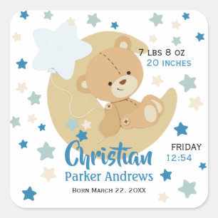 Sticker Carré Adorable Teddy Bear Baby Boy Stats de naissance
