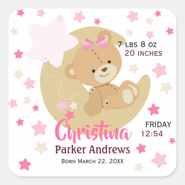 Sticker Carré Adorable Teddy Bear Baby Girl Stats de naissance (Devant)