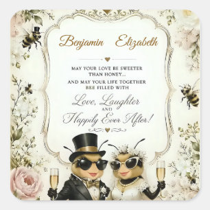 Sticker Carré Adorables abeilles, élégant mariage floral