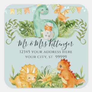 Sticker Carré Adresse de Retour de Fête de Bébé Dinosaure Mignon
