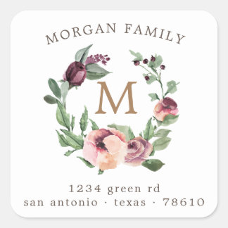 Sticker Carré adresse de retour du monogramme floral marsala
