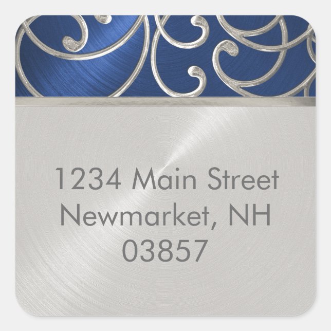 Sticker Carré Adresse de retour Elegant Blue et Silver Filigree (Devant)