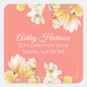 Sticker Carré Adresse de retour florale de corail d'or chic